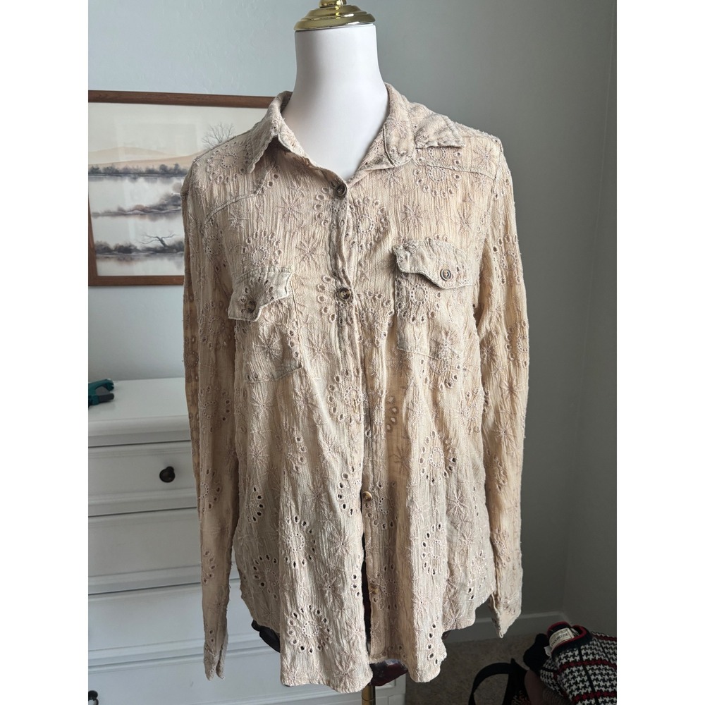 Wild Moss Button Down Shirt Womens XL Tan Eyelet Embroidered Boho